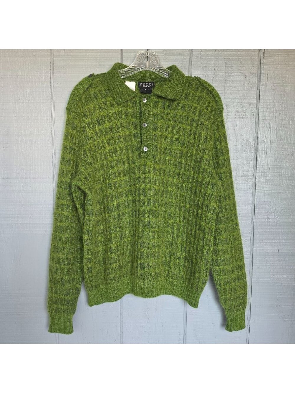 Gucci Vintage Green Mohair Blend Waffle Knit Polo Sweater Made in Italy Men Sz M